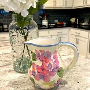 Floral Ceramic Pitcher with Blue Rim~7.5” high